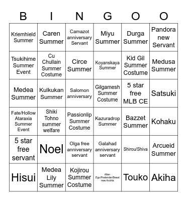 FGO 10th Anniversary Bingo Card