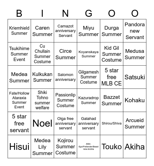 FGO 10th Anniversary Bingo Card