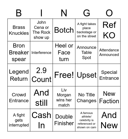 WWE Summer Slam Bingo Card