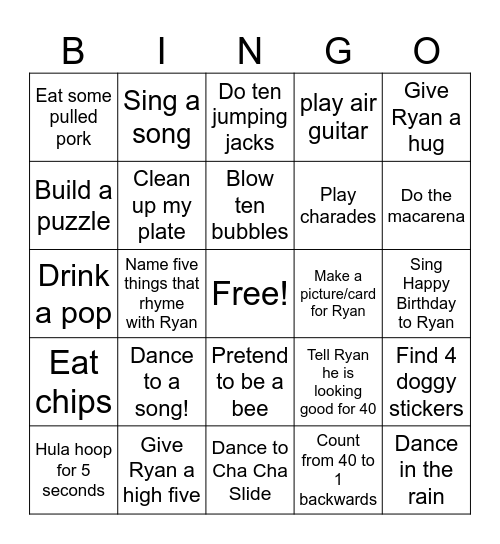Ryans 40th birthday Bingo Card