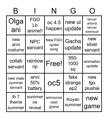 FGO anniversarry Bingo Card
