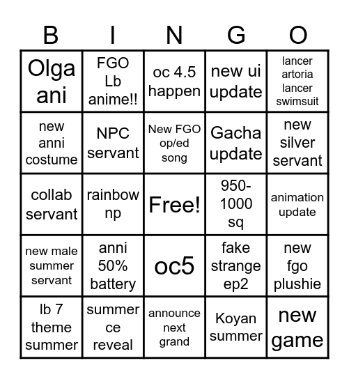 FGO anniversarry Bingo Card