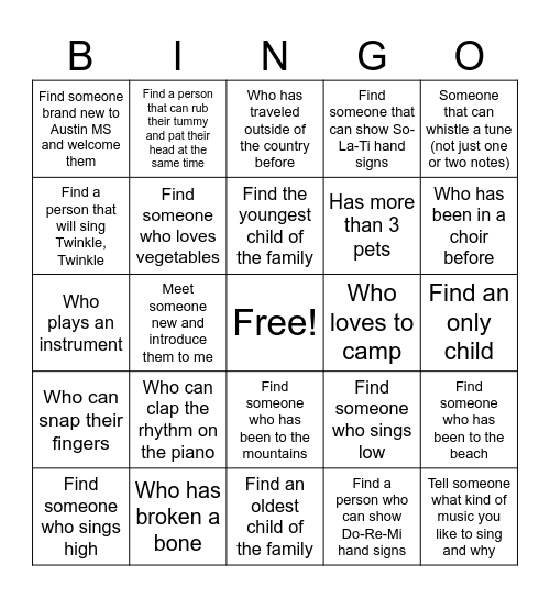 Choir Bingo Card