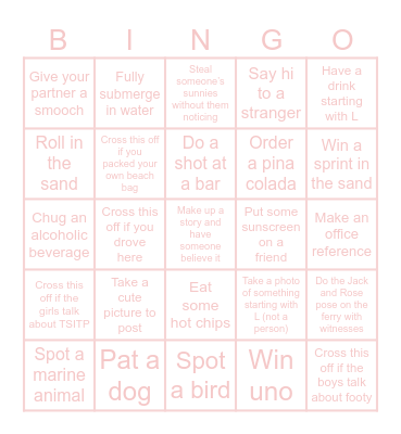 Leila’s Beach Birthday Bingo Card