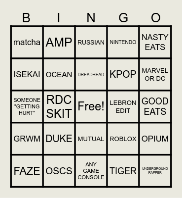 YT BINGO Card