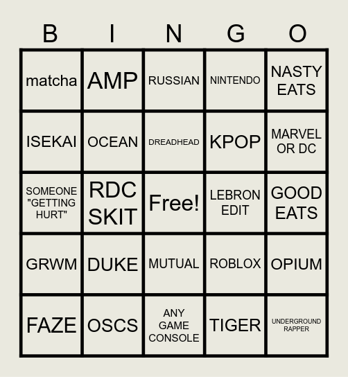 YT BINGO Card