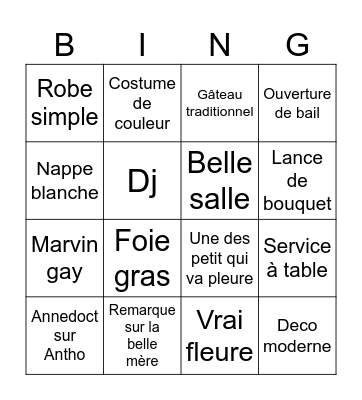 Mariage Bingo Card