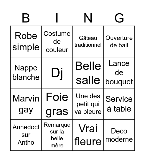 Mariage Bingo Card