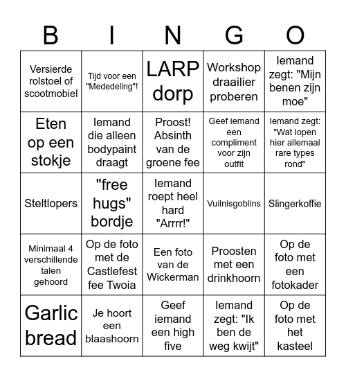 Castlefest Bingo Card