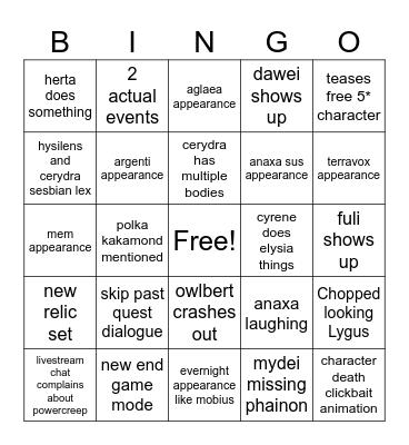 3.5 live stream Bingo Card