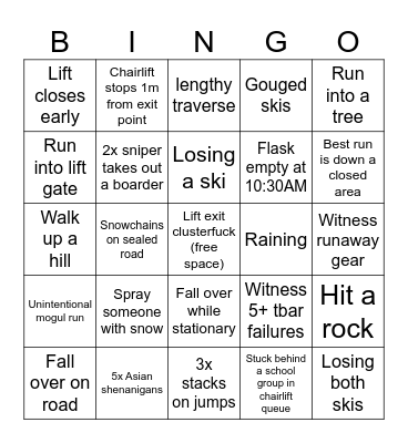 Australian Ski Trip Bingo Card