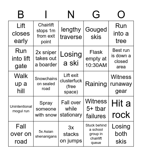 Australian Ski Trip Bingo Card