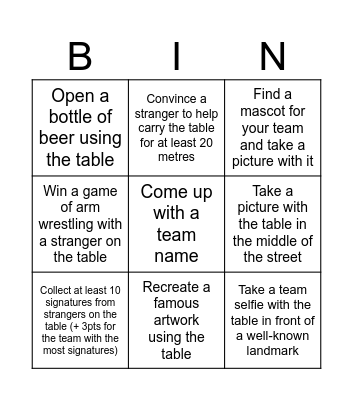 THE GREAT TABLE RACE™ Bingo Card