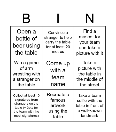 THE GREAT TABLE RACE™ Bingo Card