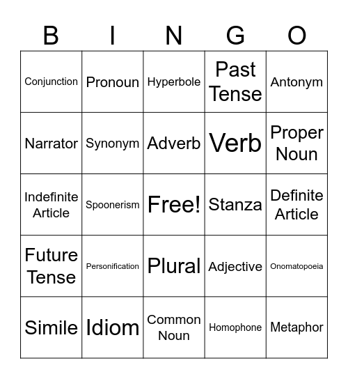 English definitions Bingo Card