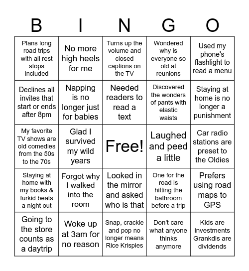 Senior Citizen's bingo Card