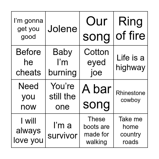 Country Bingo Card