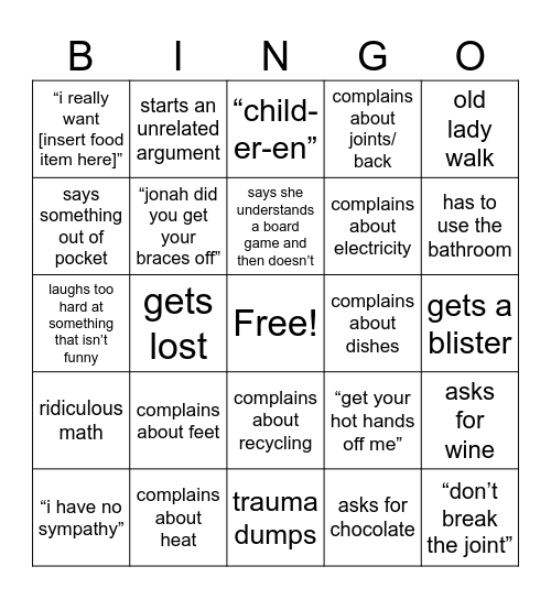 Mom Bingo Card