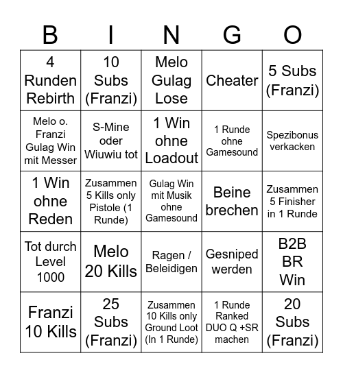 warzone Bingo Card
