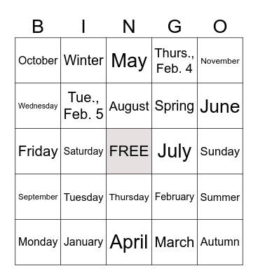 Days / Months / Seasons Bingo Card