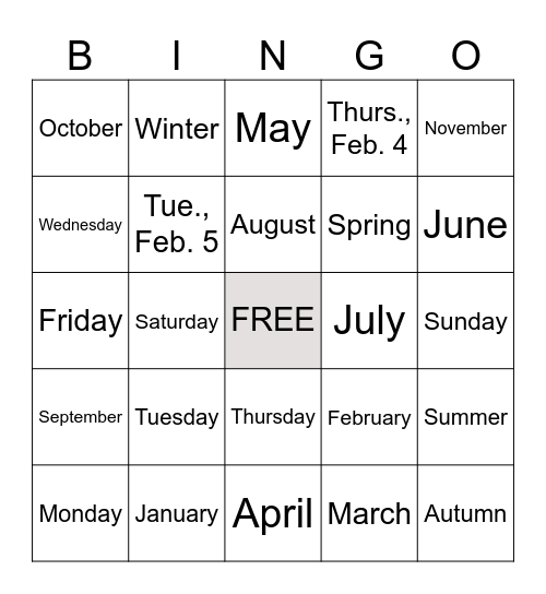 Days / Months / Seasons Bingo Card