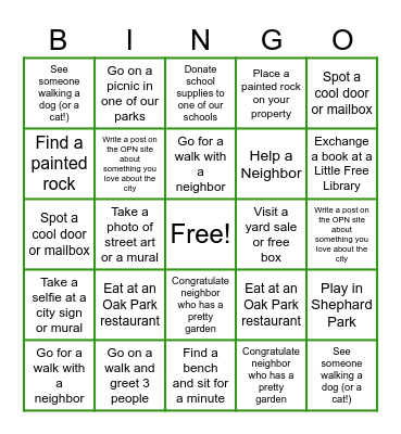 Oak Park Bingo Card