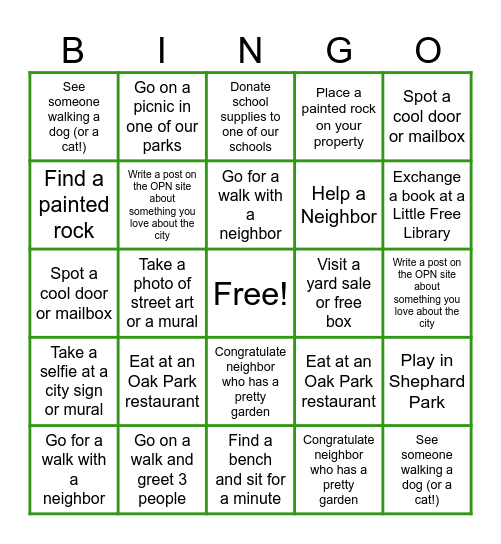 Oak Park Bingo Card