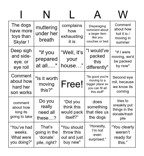 Inlaw Bingo Card