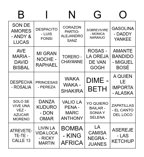 Bingo Musical Bingo Card