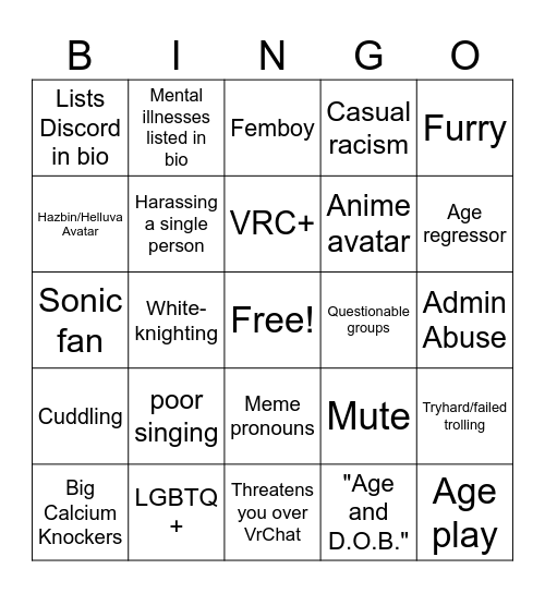 Vrchat (2025) Bingo Card
