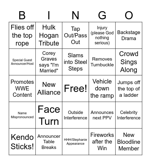 Pay Per View BINGO Card