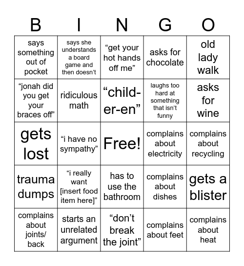 Mom Bingo Card