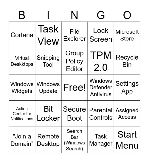 Windows Features Bingo Card