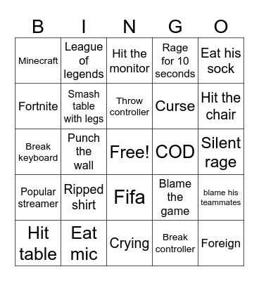 gamer rage Bingo Card