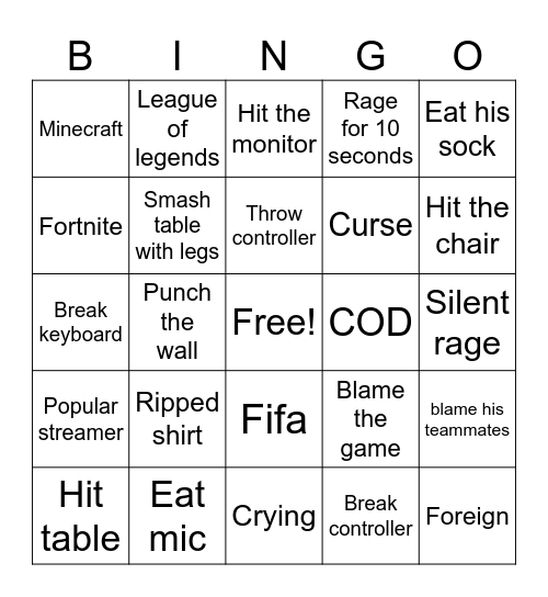 gamer rage Bingo Card