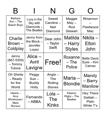 Song's With Names Bingo Card