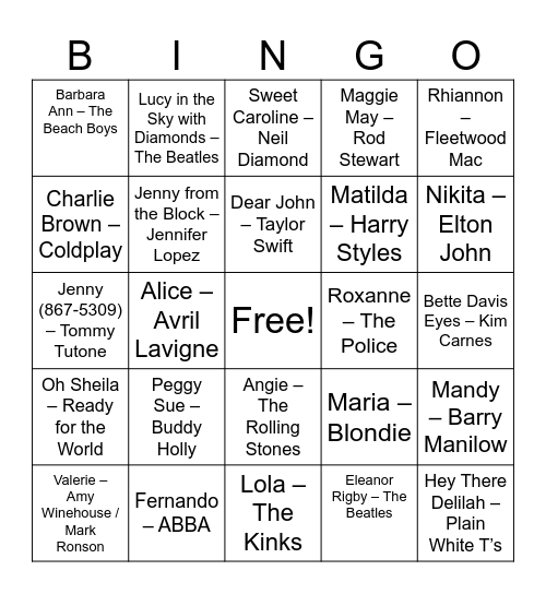 Song's With Names Bingo Card