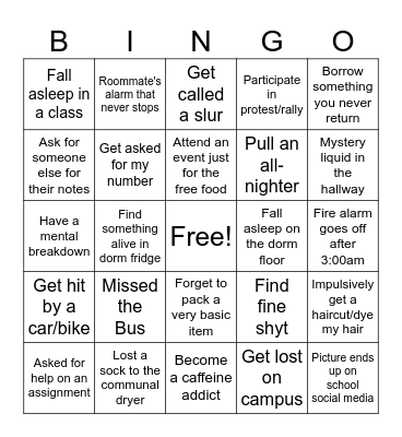 Freshman Year Bingo Card