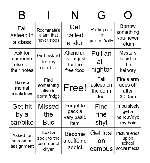 Freshman Year Bingo Card