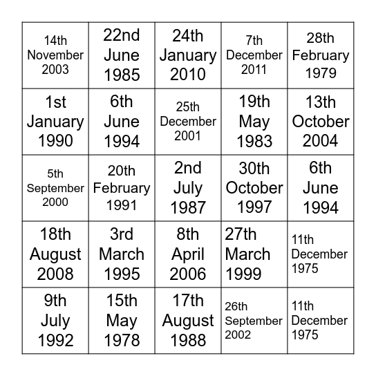 I was born on the _ _  of _ _ _   _ _ _ Bingo Card