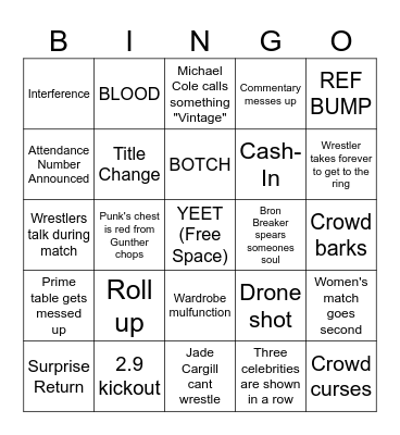 SummerSlam Bingo Night One Bingo Card