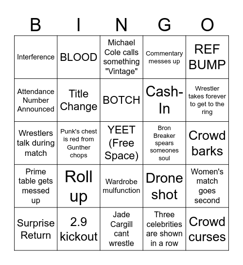 SummerSlam Bingo Night One Bingo Card