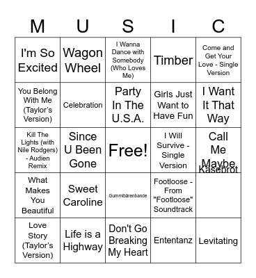 Bingo Musical Bingo Card