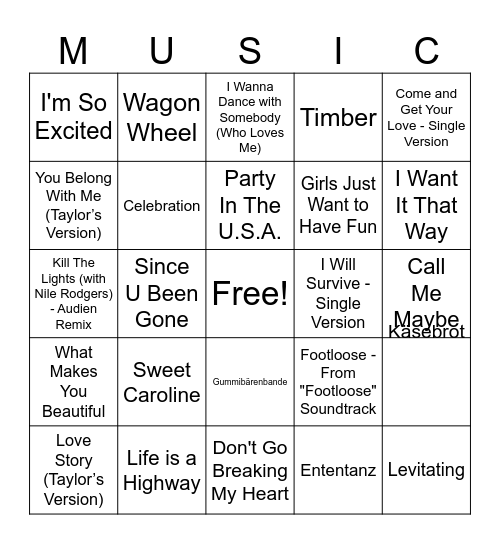 Bingo Musical Bingo Card