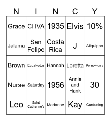 Nancy's Birthday Bingo! Bingo Card