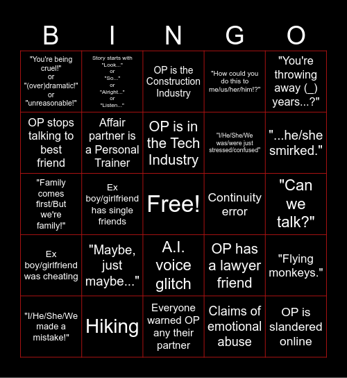 Reddit Story Bingo Card