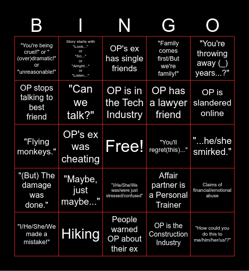 Reddit Story Bingo Card