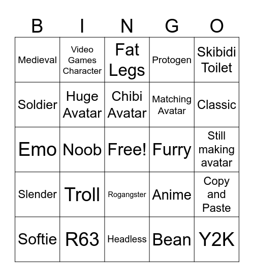 catalog avatar creator lmao Bingo Card