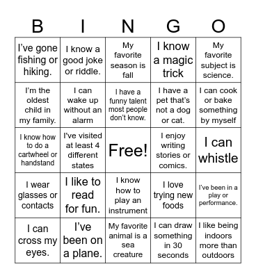 Get to Know You 4 & 5 Grade Bingo Card