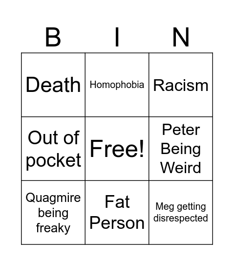 Family Guy Bingo Easy Edition Bingo Card